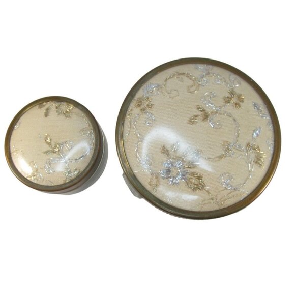 Vintage Ladies Vanity Glass Jar Containers with Embroidered Lids 2 Piece Lot - Picture 2 of 12